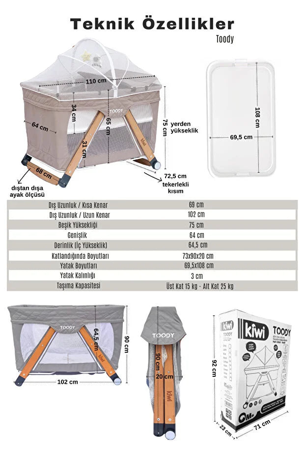 Toody All In One Park Yatak ve Oyun Parkı - Alt Açma Üniteli, Sallanabilir Anne Yanı Beşik - Ahşap Ayaklı - Vizon