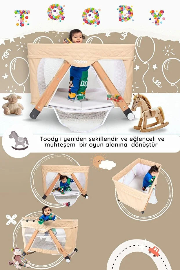 Toody All In One Park Yatak ve Oyun Parkı - Alt Açma Üniteli, Sallanabilir Anne Yanı Beşik - Ahşap Ayaklı - Vizon