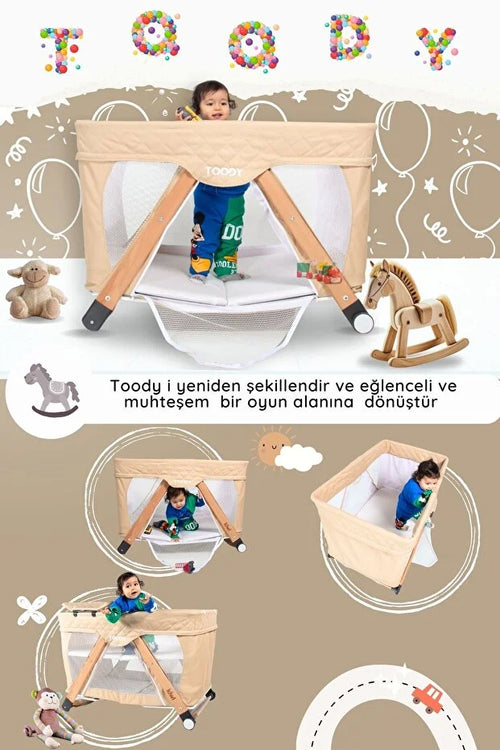 Toody All In One Park Yatak ve Oyun Parkı - Alt Açma Üniteli, Sallanabilir Anne Yanı Beşik - Ahşap Ayaklı - Antrasit