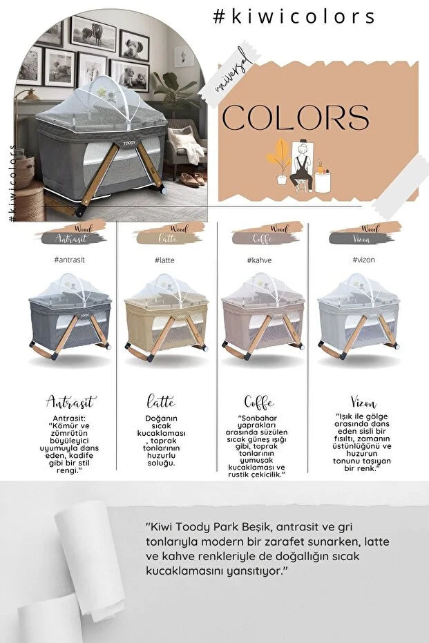 Toody All In One Park Yatak ve Oyun Parkı - Alt Açma Üniteli, Sallanabilir Anne Yanı Beşik - Ahşap Ayaklı - Vizon