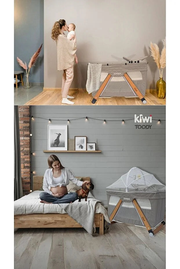 Toody All In One Park Yatak ve Oyun Parkı - Alt Açma Üniteli, Sallanabilir Anne Yanı Beşik - Ahşap Ayaklı - Vizon
