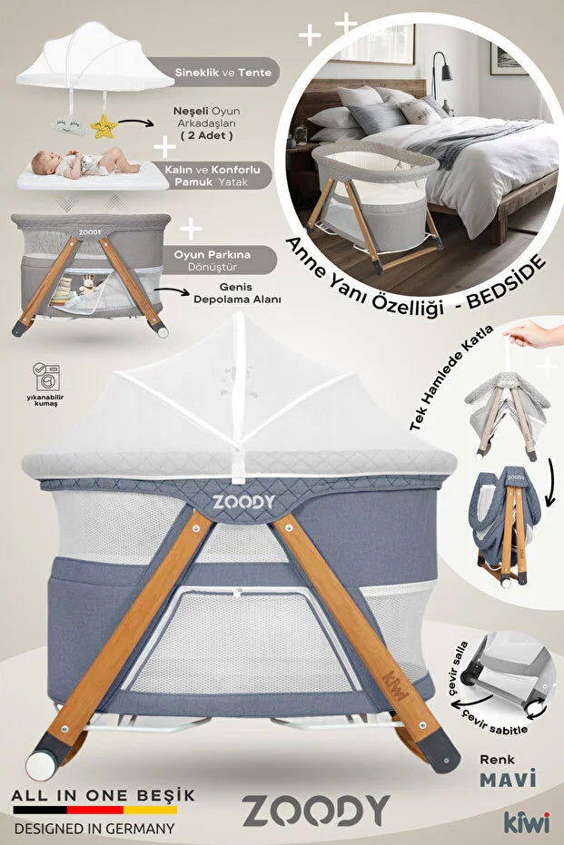 Zoody Katlanabilir Park Yatak ve Oyun Parkı - Sallanır Anne Yanı Beşik, Ahşap Ayaklı & Sineklikli - Mavi
