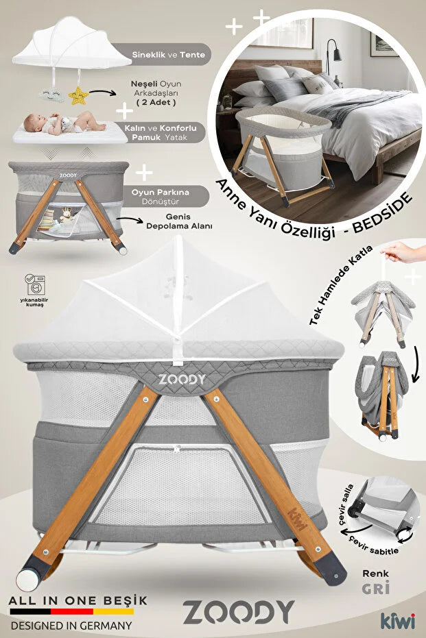 Zoody Katlanabilir Park Yatak ve Oyun Parkı - Sallanır Anne Yanı Beşik, Ahşap Ayaklı & Sineklikli - Gri