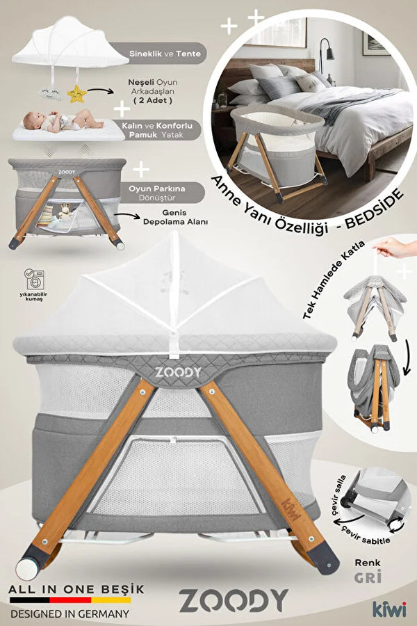 Zoody Katlanabilir Park Yatak ve Oyun Parkı - Sallanır Anne Yanı Beşik, Ahşap Ayaklı & Sineklikli - Gri