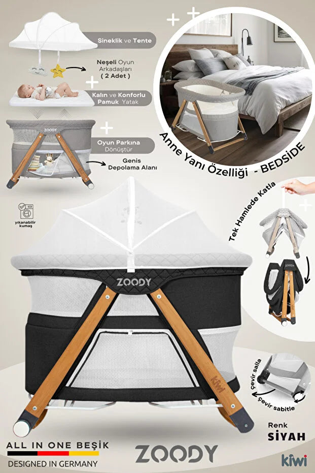 Zoody Katlanabilir Park Yatak ve Oyun Parkı - Sallanır Anne Yanı Beşik, Ahşap Ayaklı & Sineklikli - Siyah