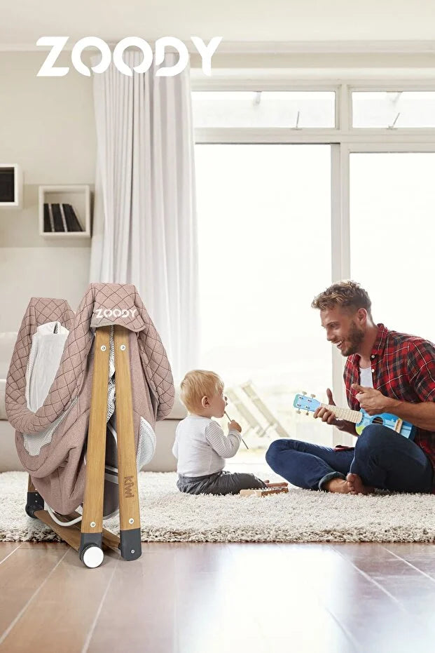 Zoody Katlanabilir Park Yatak ve Oyun Parkı - Sallanır Anne Yanı Beşik, Ahşap Ayaklı & Sineklikli - Gri