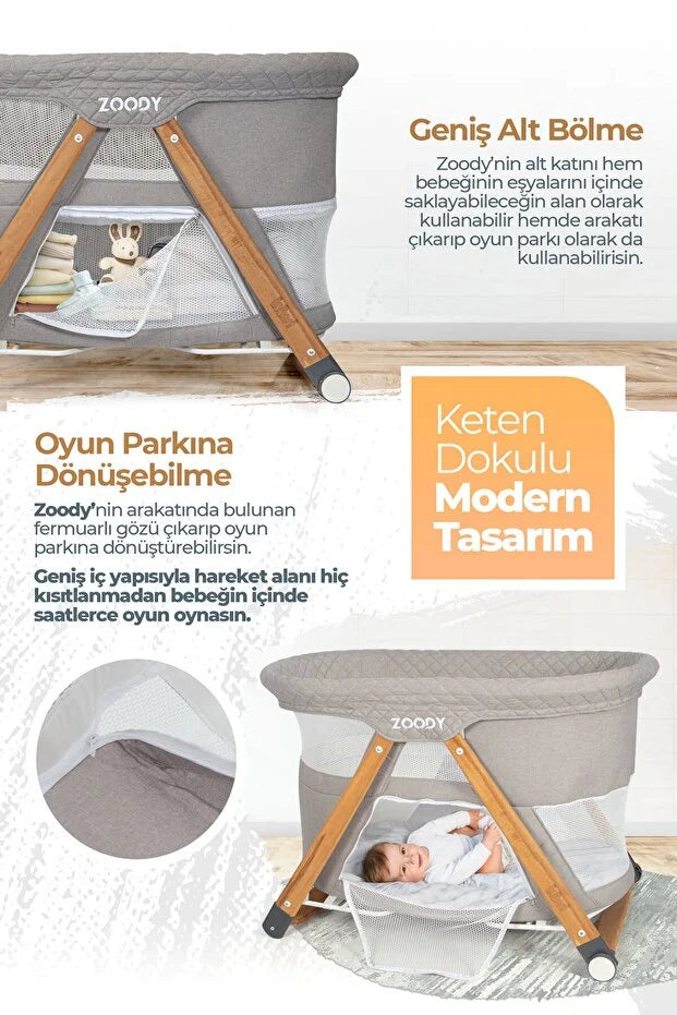Zoody Katlanabilir Park Yatak ve Oyun Parkı - Sallanır Anne Yanı Beşik, Ahşap Ayaklı & Sineklikli - Gri