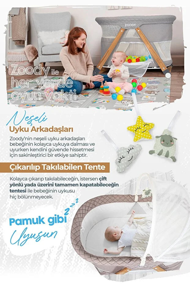 Zoody Katlanabilir Park Yatak ve Oyun Parkı - Sallanır Anne Yanı Beşik, Ahşap Ayaklı & Sineklikli - Gri