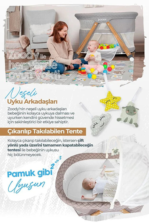 Zoody Katlanabilir Park Yatak ve Oyun Parkı - Sallanır Anne Yanı Beşik, Ahşap Ayaklı & Sineklikli - Gri