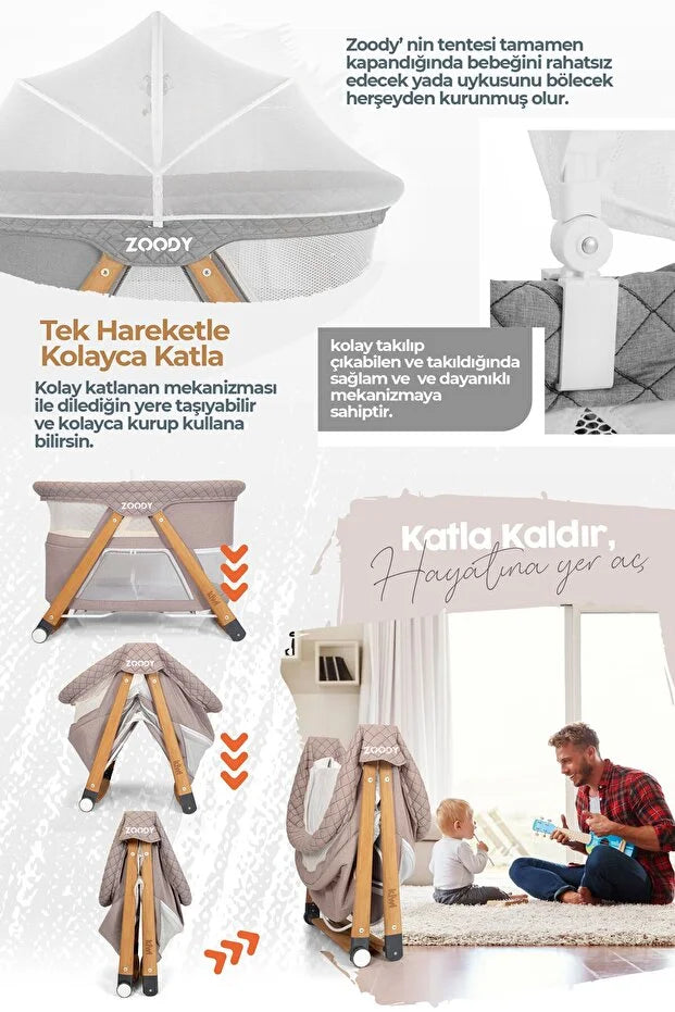 Zoody Katlanabilir Park Yatak ve Oyun Parkı - Sallanır Anne Yanı Beşik, Ahşap Ayaklı & Sineklikli - Gri