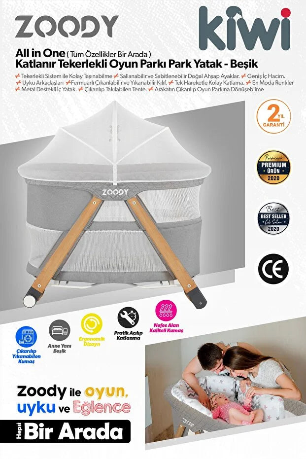 Zoody Katlanabilir Park Yatak ve Oyun Parkı - Sallanır Anne Yanı Beşik, Ahşap Ayaklı & Sineklikli - Gri
