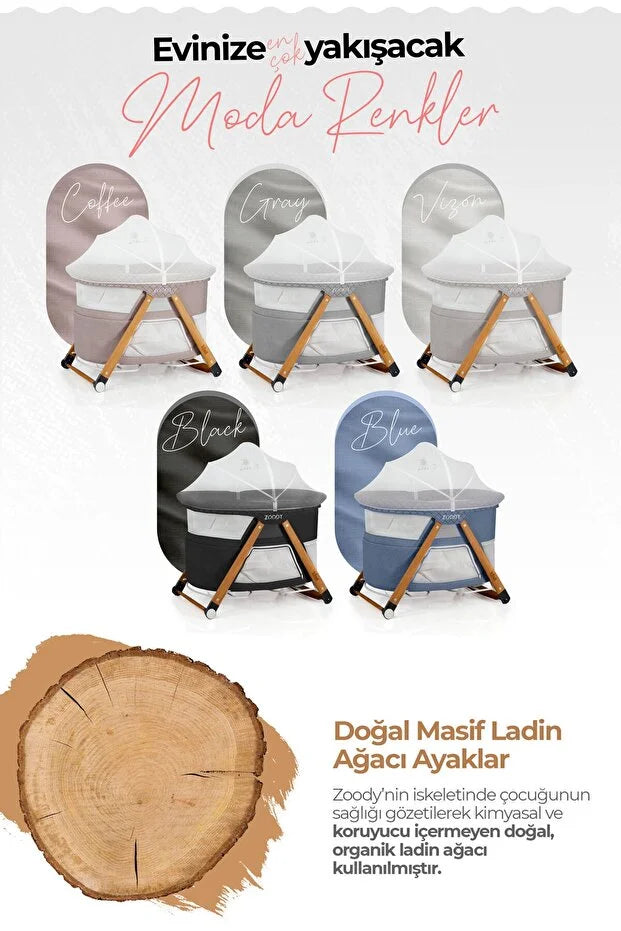 Zoody Katlanabilir Park Yatak ve Oyun Parkı - Sallanır Anne Yanı Beşik, Ahşap Ayaklı & Sineklikli - Gri