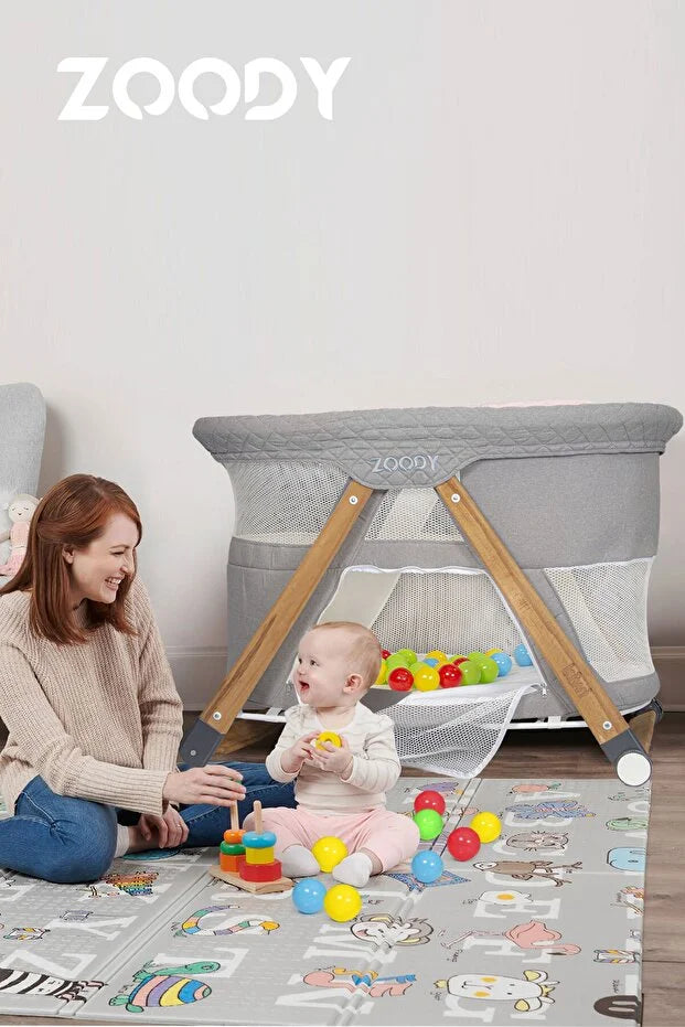 Zoody Katlanabilir Park Yatak ve Oyun Parkı - Sallanır Anne Yanı Beşik, Ahşap Ayaklı & Sineklikli - Gri