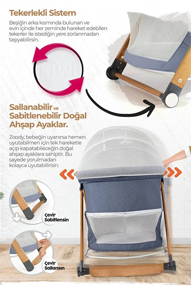 Zoody Katlanabilir Park Yatak ve Oyun Parkı - Sallanır Anne Yanı Beşik, Ahşap Ayaklı & Sineklikli - Gri