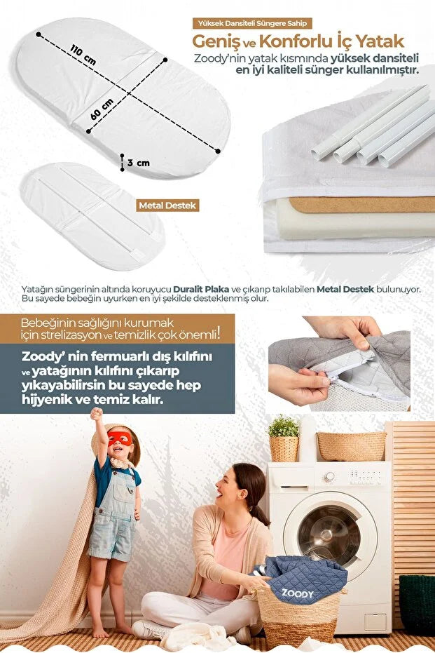 Zoody Katlanabilir Park Yatak ve Oyun Parkı - Sallanır Anne Yanı Beşik, Ahşap Ayaklı & Sineklikli - Gri