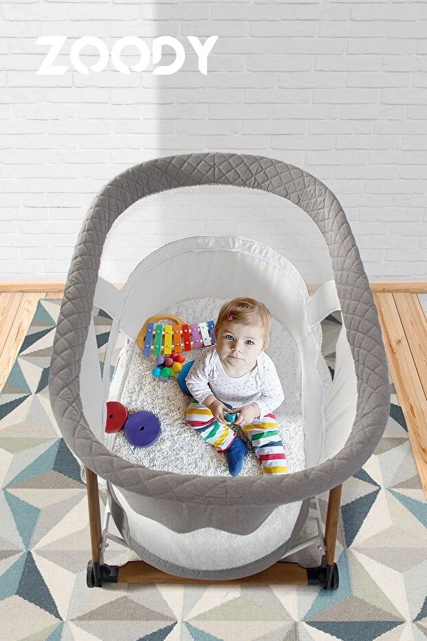 Zoody Katlanabilir Park Yatak ve Oyun Parkı - Sallanır Anne Yanı Beşik, Ahşap Ayaklı & Sineklikli - Gri