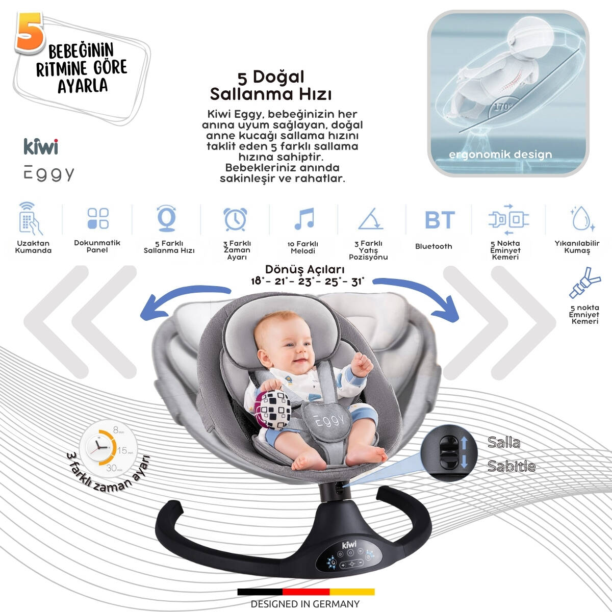 Kiwi Eggy Plus 2’si 1 Arada Elektrikli Otomatik Sallanan Bebek Ana Kucağı & Sepet Beşik