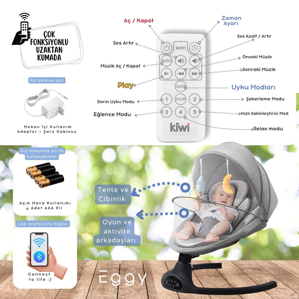 Kiwi Eggy Plus 2’si 1 Arada Elektrikli Otomatik Sallanan Bebek Ana Kucağı & Sepet Beşik