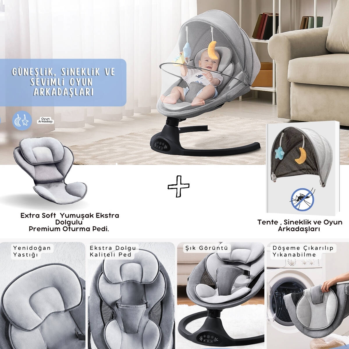 Kiwi Eggy Plus 2’si 1 Arada Elektrikli Otomatik Sallanan Bebek Ana Kucağı & Sepet Beşik