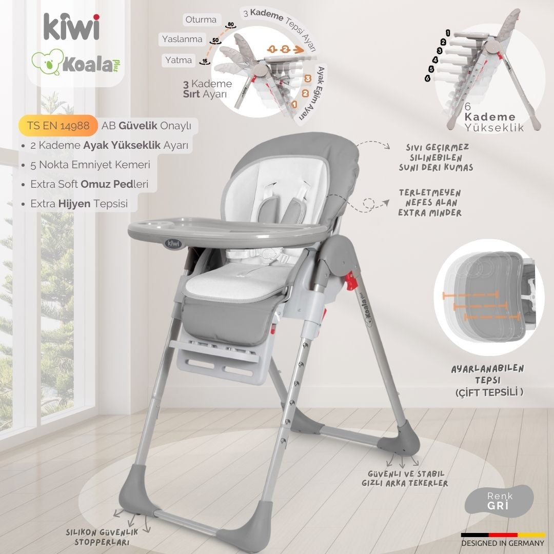 Kiwi Koala Katlanabilir Mama Sandalyesi | Tekerlekli, Taşınabilir, Silinebilir Bebek Mama Sandalyesi Gri