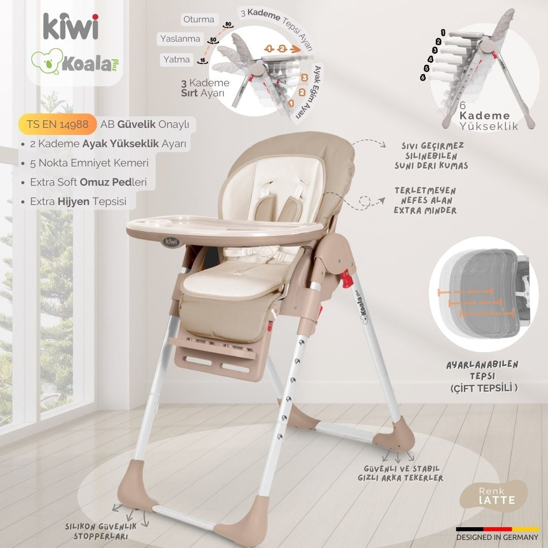 Kiwi Koala Katlanabilir Mama Sandalyesi | Tekerlekli, Taşınabilir, Silinebilir Bebek Mama Sandalyesi Latte