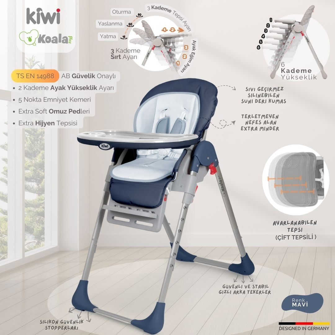 Kiwi Koala Katlanabilir Mama Sandalyesi | Tekerlekli, Taşınabilir, Silinebilir Bebek Mama Sandalyesi Koyu Mavi