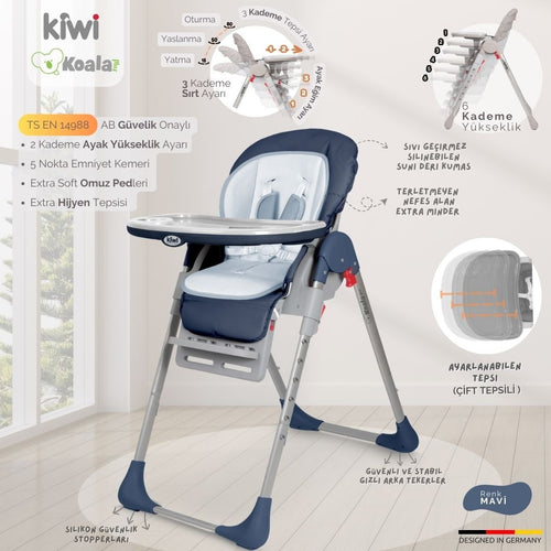 Kiwi Koala Katlanabilir Mama Sandalyesi | Tekerlekli, Taşınabilir, Silinebilir Bebek Mama Sandalyesi Koyu Mavi