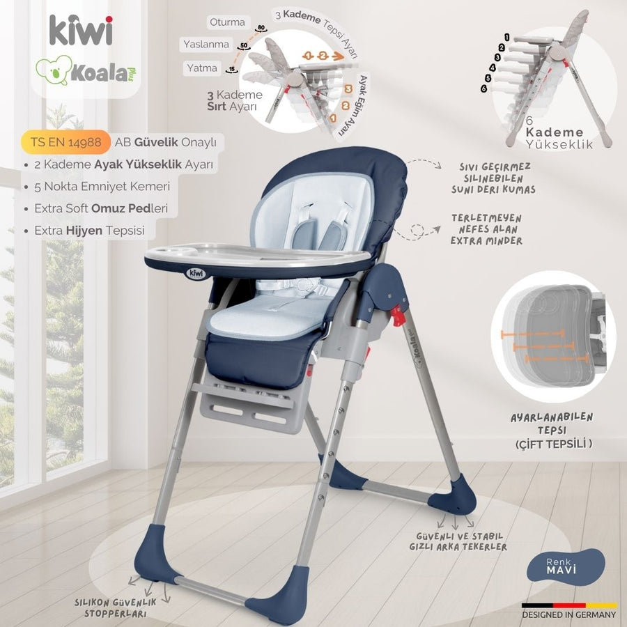 Kiwi Koala Katlanabilir Mama Sandalyesi | Tekerlekli, Taşınabilir, Silinebilir Bebek Mama Sandalyesi Koyu Mavi