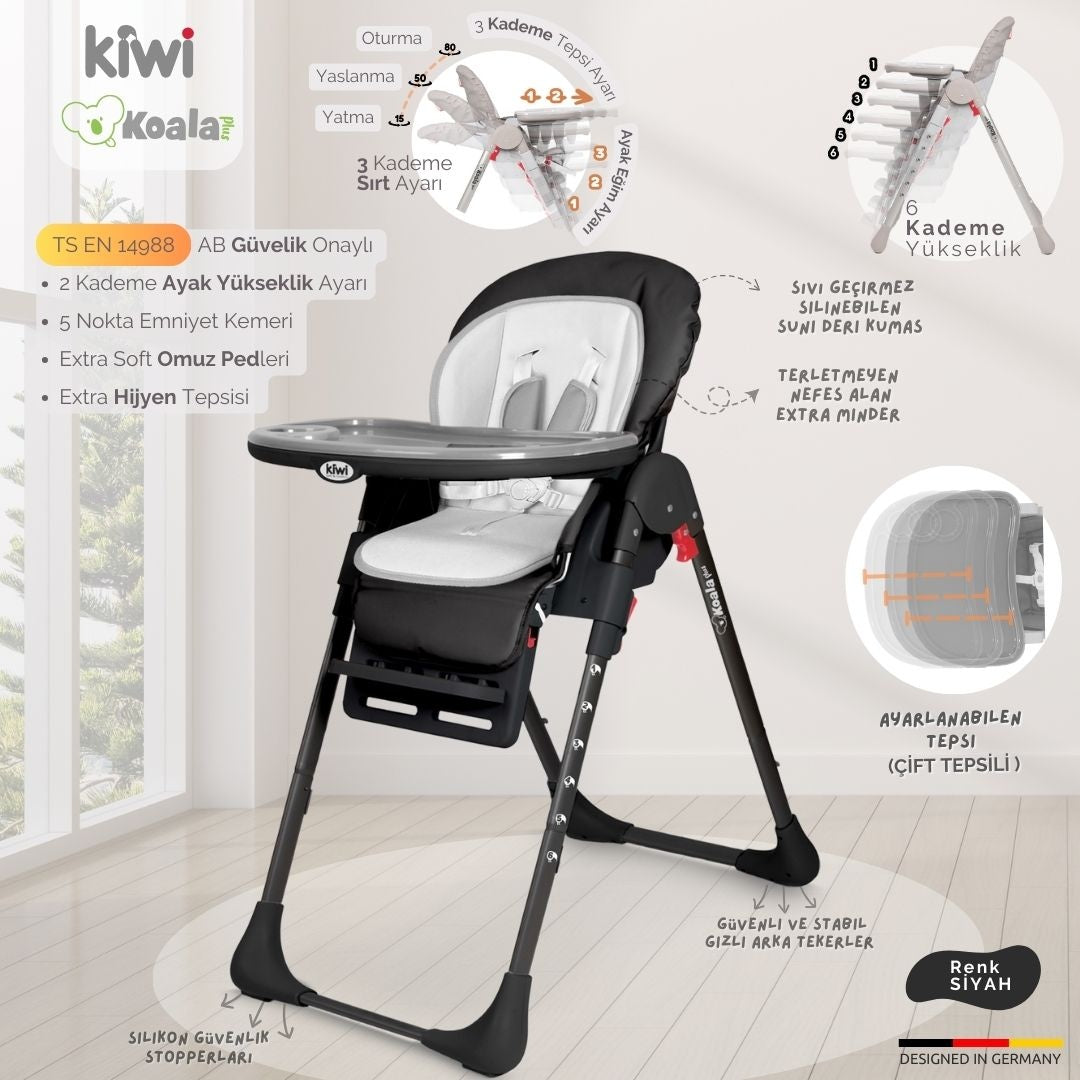 Kiwi Koala Katlanabilir Mama Sandalyesi | Tekerlekli, Taşınabilir, Silinebilir Bebek Mama Sandalyesi Siyah