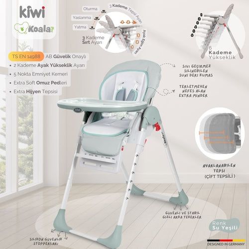 Kiwi Koala Katlanabilir Mama Sandalyesi | Tekerlekli, Taşınabilir, Silinebilir Bebek Mama Sandalyesi Su Yeşili