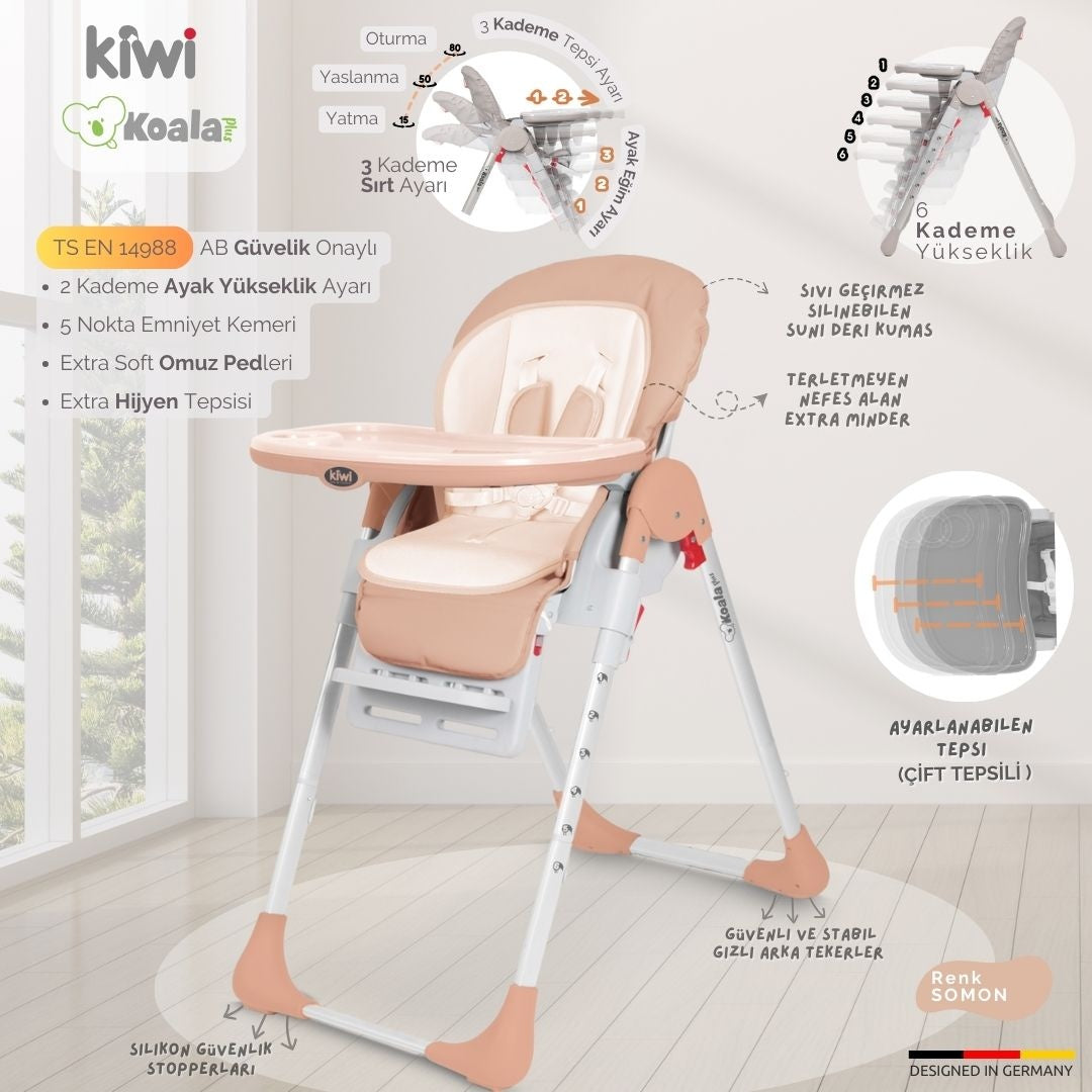 Kiwi Koala Katlanabilir Mama Sandalyesi | Tekerlekli, Taşınabilir, Silinebilir Bebek Mama Sandalyesi Somon