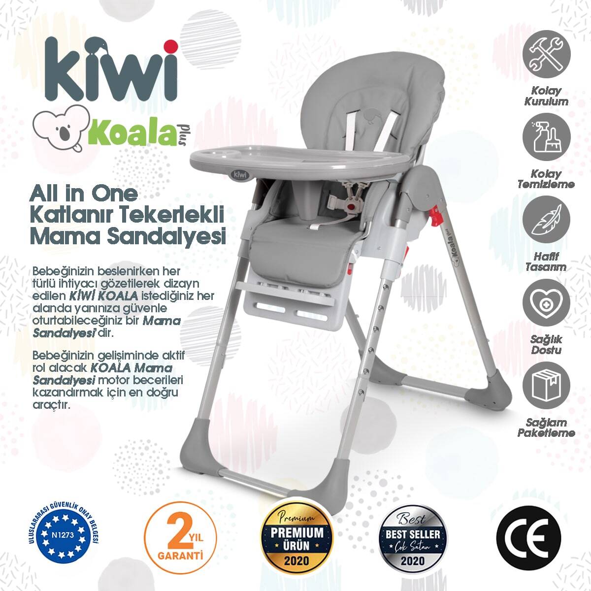 Kiwi Koala Katlanabilir Mama Sandalyesi | Tekerlekli, Taşınabilir, Silinebilir Bebek Mama Sandalyesi Gri