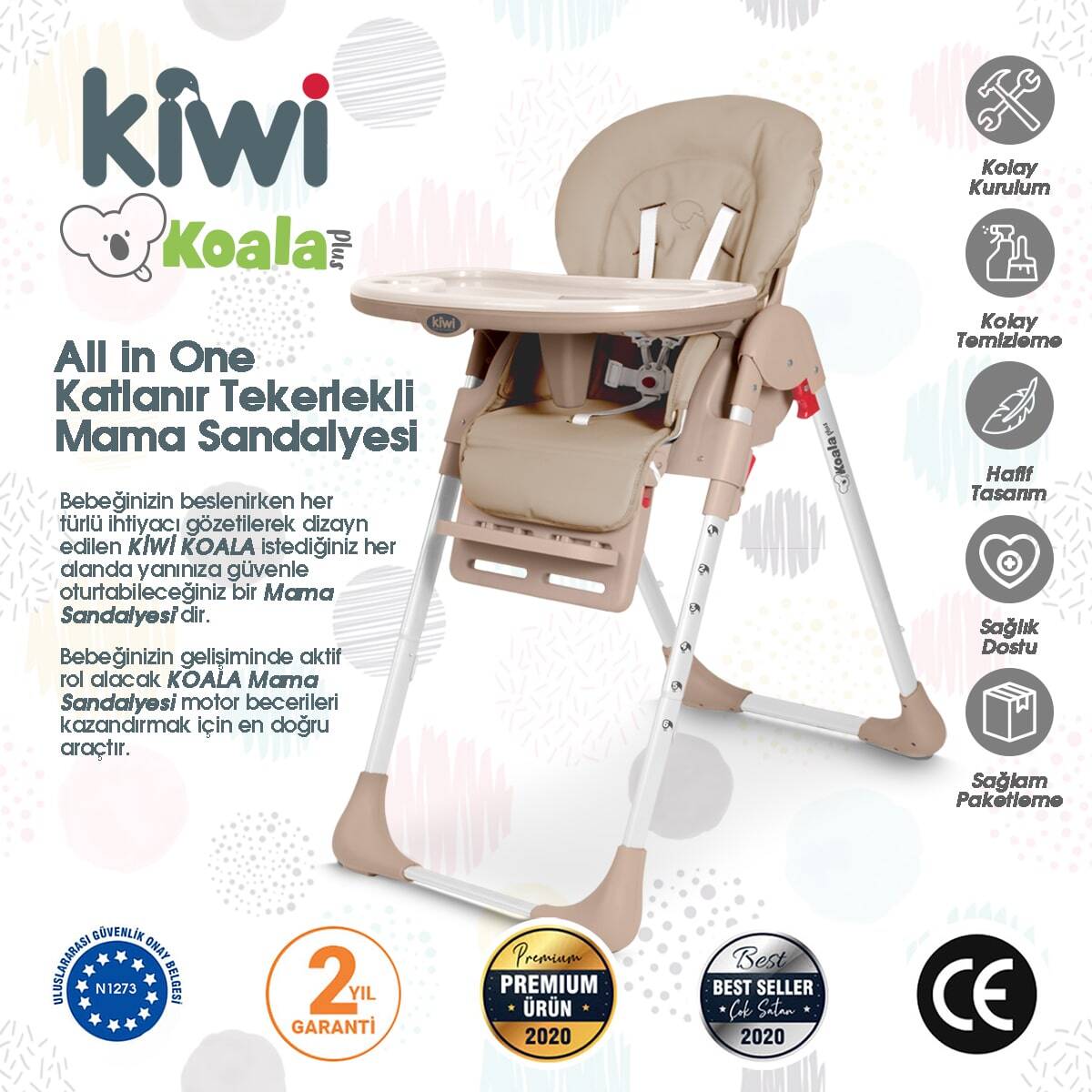 Kiwi Koala Katlanabilir Mama Sandalyesi | Tekerlekli, Taşınabilir, Silinebilir Bebek Mama Sandalyesi Latte