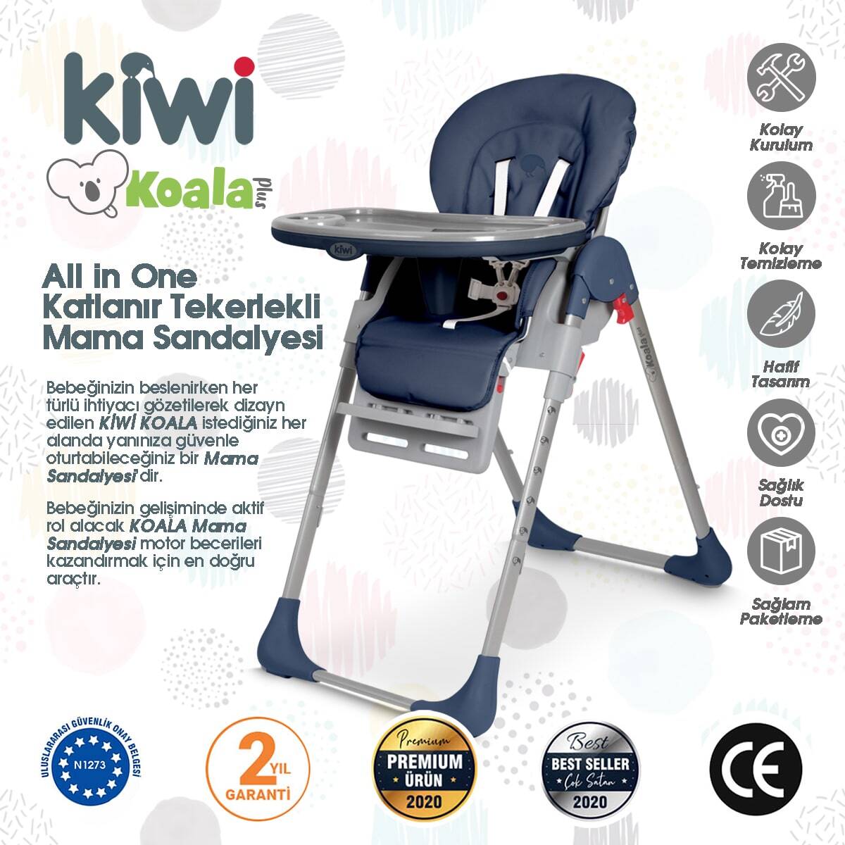 Kiwi Koala Katlanabilir Mama Sandalyesi | Tekerlekli, Taşınabilir, Silinebilir Bebek Mama Sandalyesi Koyu Mavi