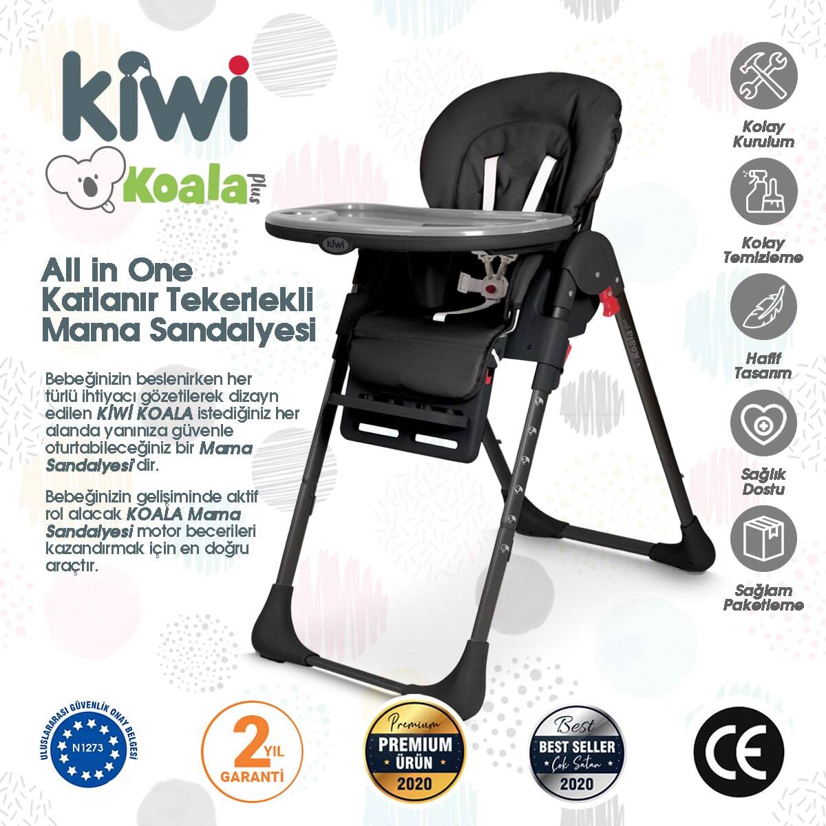 Kiwi Koala Katlanabilir Mama Sandalyesi | Tekerlekli, Taşınabilir, Silinebilir Bebek Mama Sandalyesi Siyah