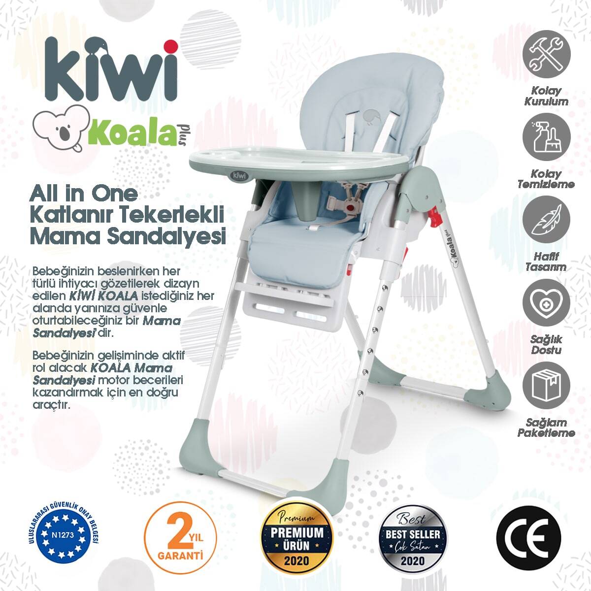 Kiwi Koala Katlanabilir Mama Sandalyesi | Tekerlekli, Taşınabilir, Silinebilir Bebek Mama Sandalyesi Su Yeşili