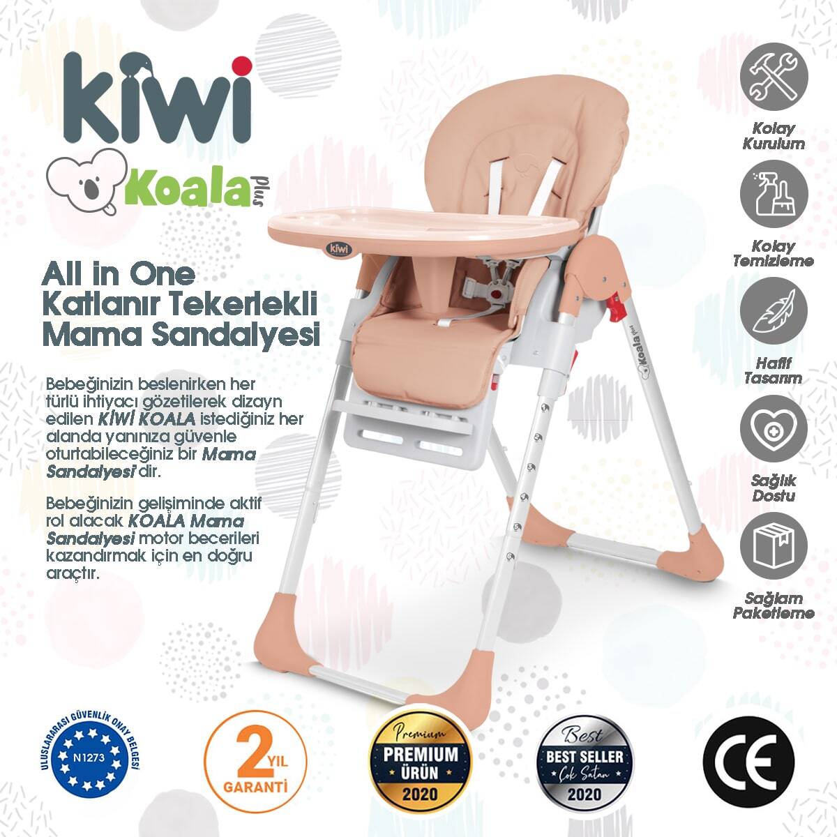 Kiwi Koala Katlanabilir Mama Sandalyesi | Tekerlekli, Taşınabilir, Silinebilir Bebek Mama Sandalyesi Somon